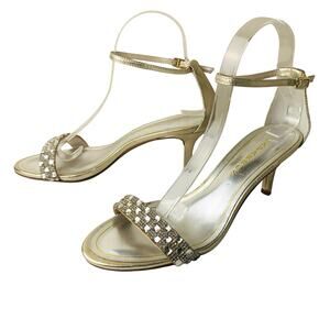 Caparros Size 9B Starla Evening Sandal Gold Jewel Kitten Heel Ankle Strap Formal